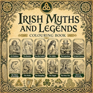 Può includere: Un libro da colorare intitolato "Irish Myths and Legends" con illustrazioni di personaggi del folklore irlandese. La copertina presenta elaborati disegni di nodi celtici e alberi. Il libro include immagini di Cú Chulainn, The Banshee e The Leprechaun.