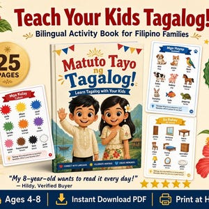 Peut inclure: Un livre d'activités bilingue intitulé Matuto Tayo ng Tagalog avec une illustration de couverture montrant deux enfants, accompagné de trois fiches pédagogiques sur les couleurs, les animaux et les objets, décoré de fleurs d'hibiscus rouges.