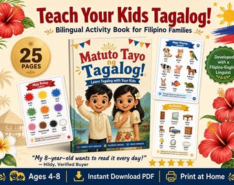 Livre d'apprentissage bilingue tagalog pour enfants | 25 pages | Cahier d'activités en philippin | 4-8 ans | PDF imprimable | Cadeau du patrimoine philippin