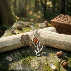 Peut inclure: Un pendentif argenté en forme de chat avec une pierre d'ambre ovale au centre. Le pendentif repose sur un parchemin enroulé portant le texte : THE HEART OF ELARA: Hand-forged by Stella Minéria from the Tears of the Forest Queen. Scribed in my sanctum in the year 2026.