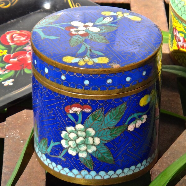 Cloisonné Box, Blue Enamel Box, Brass Box, Blue Cylinder Box, Keepsake Box, Trinket Box, Boho Chic Bathroom Storage, Powder Room Storage
