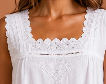 Chemise Cotton Sleeveless Embroidered Victorian Style Nightdress
