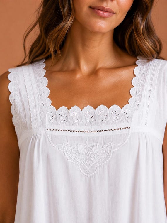Chemise Cotton Sleeveless Embroidered Victorian Style Nightdress