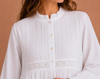 Cotton Nightdress Polo Long Sleeve Broderie Anglaise Vintage Victorian Nightgown