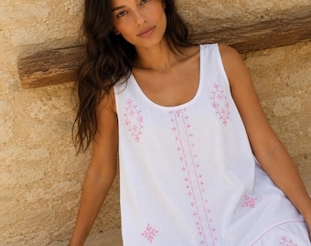 White Cotton Edwardian Nightdress, Pink Jenny Embroidery, Sleeveless Nightie