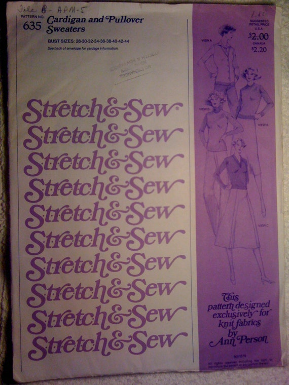 Stretch and Sew Sewing Pattern 635 70s Ladies Cardigan and Pullover Sweater Bust Size 28-44 Uncut