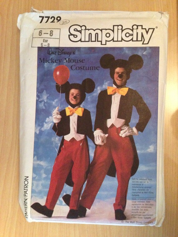 Simplicity 7729 Sewing Pattern 80s Childrens Mickey Mouse Costume Size 6-8