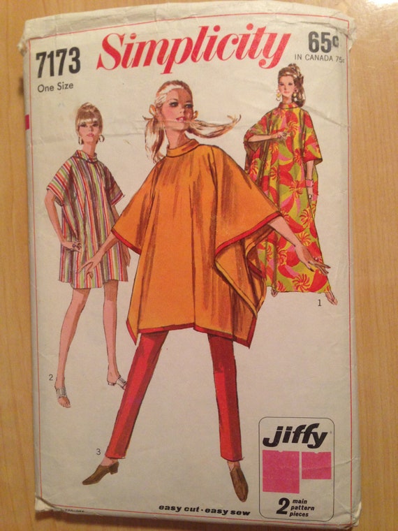 Simplicity 7173 Sewing Pattern 1960s Misses Jiffy Poncho or Burnoose One Size