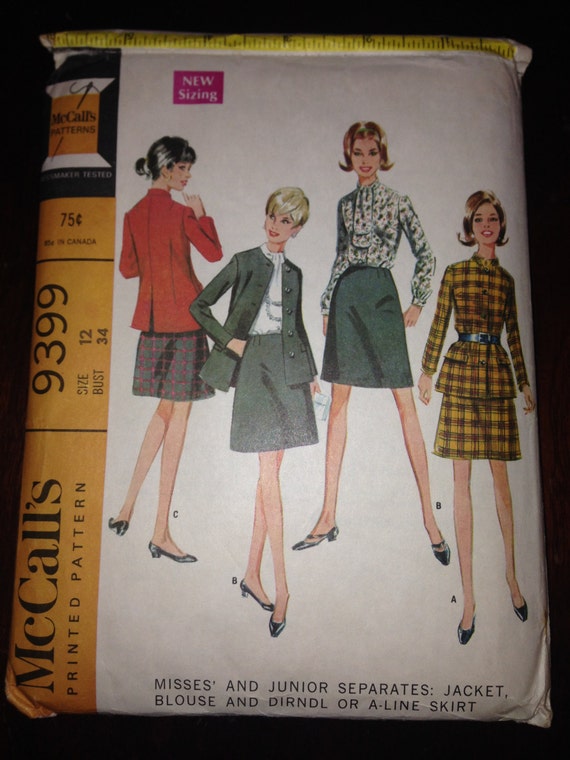 McCalls Sewing Pattern 9279 Misses and Junior Separates: Jacket, Blouse and Dirndl or A-line Skirt Size 12
