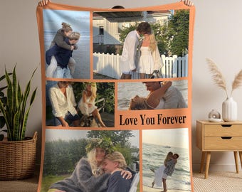 Personalisierte Familienfoto-Collage-Decken | Individuelle Fotodecke mit Text | Jubiläum Geburtstagsgeschenke für Paar Freund