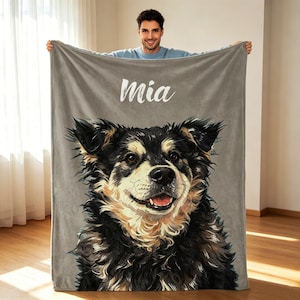May include: A gray blanket featuring a detailed portrait of a dog with black, tan, and white fur. The dog is smiling with its tongue showing. The name "Mia" is printed in white script at the top.