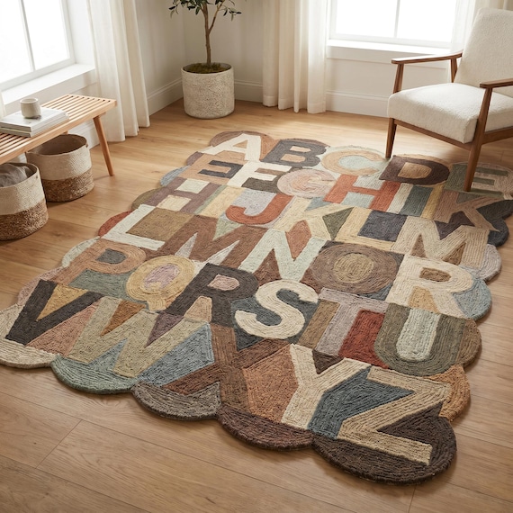 Hand Tufted Alphabet Rug | Abstract Letter Area Rug | Modern Typography Carpet