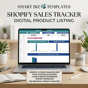 May include: A laptop displays a Shopify sales tracker with data visualizations. The screen shows revenue, orders, and average order value. Text at the top reads "SMART BIZ TEMPLATES" and "SHOPIFY SALES TRACKER DIGITAL PRODUCT LISTING". A mug with "BUSINESS STRATEGY" is on the desk.