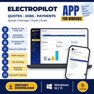 May include: Electropilot software for Windows displays a dashboard with financial data, job tracking, and payment management. Features include ready-to-use price lists, automatic calculations, printable PDF quotes, profit analysis, and expense tracking.