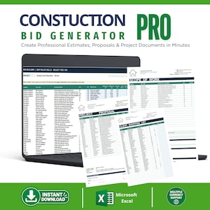 May include: A digital software product titled Constuction Pro Bid Generator displayed on a laptop screen with printed document templates including a scope of work, project proposal, and client shopping list, featuring Microsoft Excel compatibility.