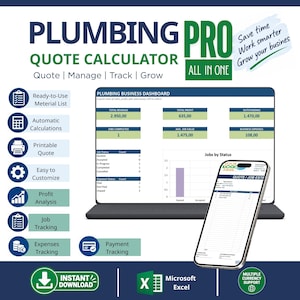 Op de afbeelding: Een digitaal dashboard voor loodgietersbedrijven weergegeven op een laptop- en smartphonescherm. De interface bevat secties voor omzet, winst, taakstatus en onkostenregistratie. Tekst bevat Plumbing Pro Quote Calculator en All In One.