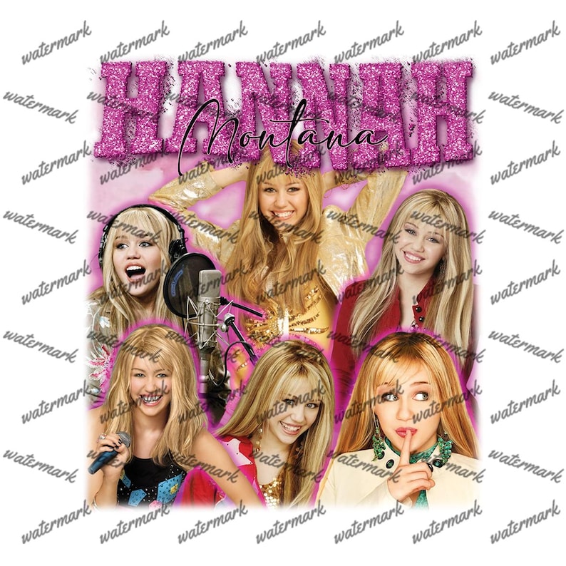 K&ouml;nnte beinhalten: Ein pinkfarbener Grafik mit dem Namen "HANNAH MONTANA" in glitzernden pinkfarbenen Buchstaben und "Montana" in Schreibschrift. Das Bild zeigt mehrere Fotos einer blonden Frau, vermutlich einer Ber&uuml;hmtheit, in verschiedenen Posen.