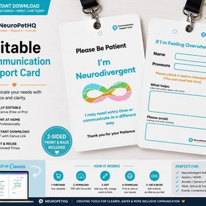 Redigerbart kommunikationskort | Canva-mall | Anpassa online | Utskrivbart tillgänglighetskort | Neurodivergent | Autism | ADHD