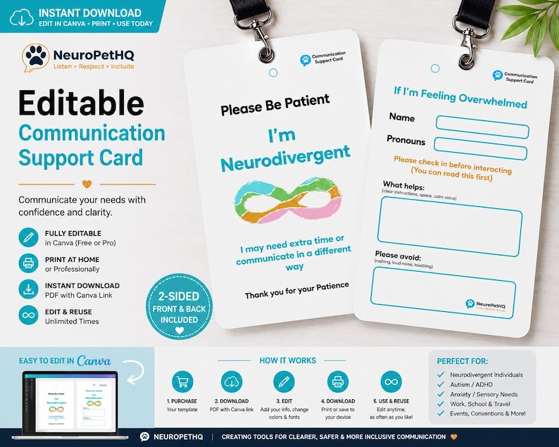 Bearbeitbare Kommunikationskarte | Canva-Vorlage | Online personalisieren | Druckbare Barrierefreiheitskarte | Neurodiversität | Autismus | ADHS Bild 1