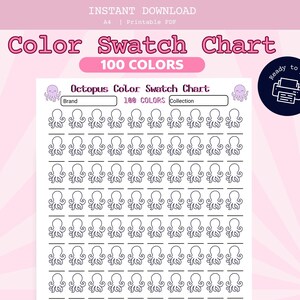 Puede incluir: Una tabla de muestras de color imprimible en formato A4 con el texto Octopus Color Swatch Chart, 100 COLORS, Brand y Collection. El documento contiene una cuadrícula de 100 pequeñas ilustraciones de pulpos con líneas en blanco debajo.