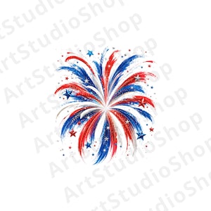 May include: A digital illustration of a firework burst featuring radiating brushstrokes in red, white, and blue. The design includes scattered five-pointed stars in matching colors, creating a dynamic, symmetrical explosion pattern on a white background.