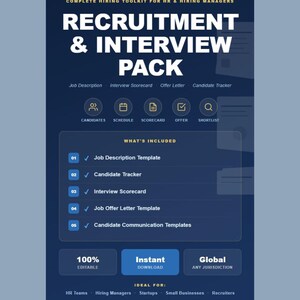 Op de afbeelding: Een donkerblauw digitaal wervings- en interviewpakketdocument met witte tekst. Het bevat onderdelen zoals een sjabloon voor functiebeschrijvingen, een kandidaat-tracker, een interviewscorekaart, een sjabloon voor een aanbiedingsbrief en communicatiesjablonen.