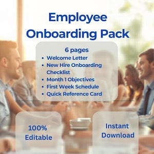Puede incluir: Un paquete de incorporación de empleados con el texto "Employee Onboarding Pack" en azul. El paquete incluye una carta de bienvenida, una lista de verificación, objetivos, un cronograma y una tarjeta de referencia. Es 100% editable y de descarga instantánea.