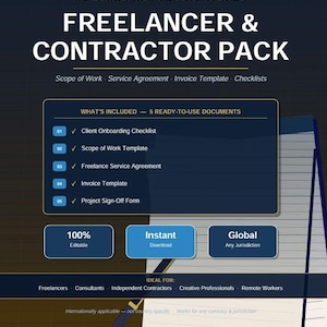 Op de afbeelding: Een donkerblauwe digitale documentenset getiteld Freelancer & Contractor Pack. Het bevat vijf documenten: Client Onboarding Checklist, Scope of Work Template, Freelance Service Agreement, Invoice Template en Project Sign-Off Form. Bevat labels voor bewerkbaar, directe download en wereldwijd.