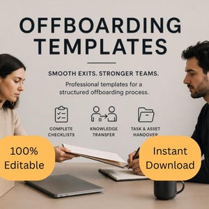 Könnte beinhalten: Bildwerbung für "Offboarding-Vorlagen" mit dem Text "Reibungslose Austritte. Stärkere Teams." Das Bild zeigt zwei Personen an einem Schreibtisch, mit den Worten "100% bearbeitbar" und "Sofort-Download" auf dem Bild. Symbole für Checklisten, Wissenstransfer und Aufgabenübergabe sind ebenfalls vorhanden.