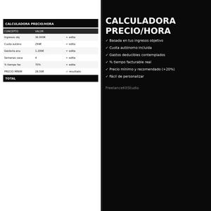 Könnte beinhalten: Schwarz-weiße Grafik mit dem Text "CALCULADORA PRECIO/HORA" und einer Liste von Finanzkonzepten und -werten. Die rechte Seite listet Funktionen wie "Basierend auf Ihrem Zieleinkommen" und "Einfach anzupassen" auf.