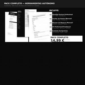 Puede incluir: Gráfico en blanco y negro con el texto "PACK COMPLETO - HERRAMIENTAS AUTÓNOMO" y una lista de elementos incluidos. Los elementos incluyen una plantilla de factura profesional, un rastreador de gastos mensual, un planificador de negocios, un CV de autónomo y un contrato de servicios.