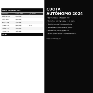 Può includere: Grafica in bianco e nero con il testo "CUOTA AUTÓNOMO 2024" e una tabella che dettaglia le tariffe mensili in base alle fasce di reddito. Ulteriori punti elenco elencano le caratteristiche principali. Il logo FreelanceKitStudio è in basso.
