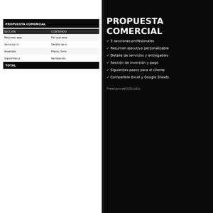 Puede incluir: Gráfico en blanco y negro con el texto "PROPUESTA COMERCIAL" y una lista de características, que incluyen "5 secciones profesionales" y "Compatible con Excel y Google Sheets". El logotipo de FreelanceKitStudio está en la parte inferior.