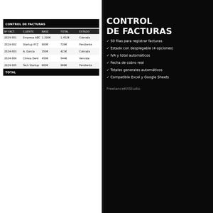 May include: A black and white graphic with the title "CONTROL DE FACTURAS" and a table of financial data. The table includes columns for invoice number, client, base amount, total, and status. Additional text lists features like automatic totals and Excel compatibility.