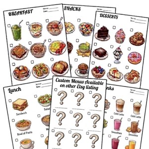 May include: Illustrated menus for Breakfast, Snacks, Desserts, Lunch, and Drinks, featuring drawings of food items. The menus include text such as "Sandwich", "Smoothies", and "Bowl of Pasta". The text "MO Menus" is at the top, with additional text: "Custom Menus Available on other Etsy listing."