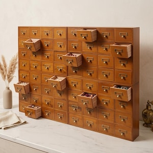 Brown Pine Wood Apothecary Cabinet, 64 Drawer Storage Box, Label Holders