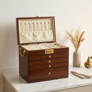 Lockable Jewelry Box | Solid Wood with Multi-layer Drawers for Rings & Watches