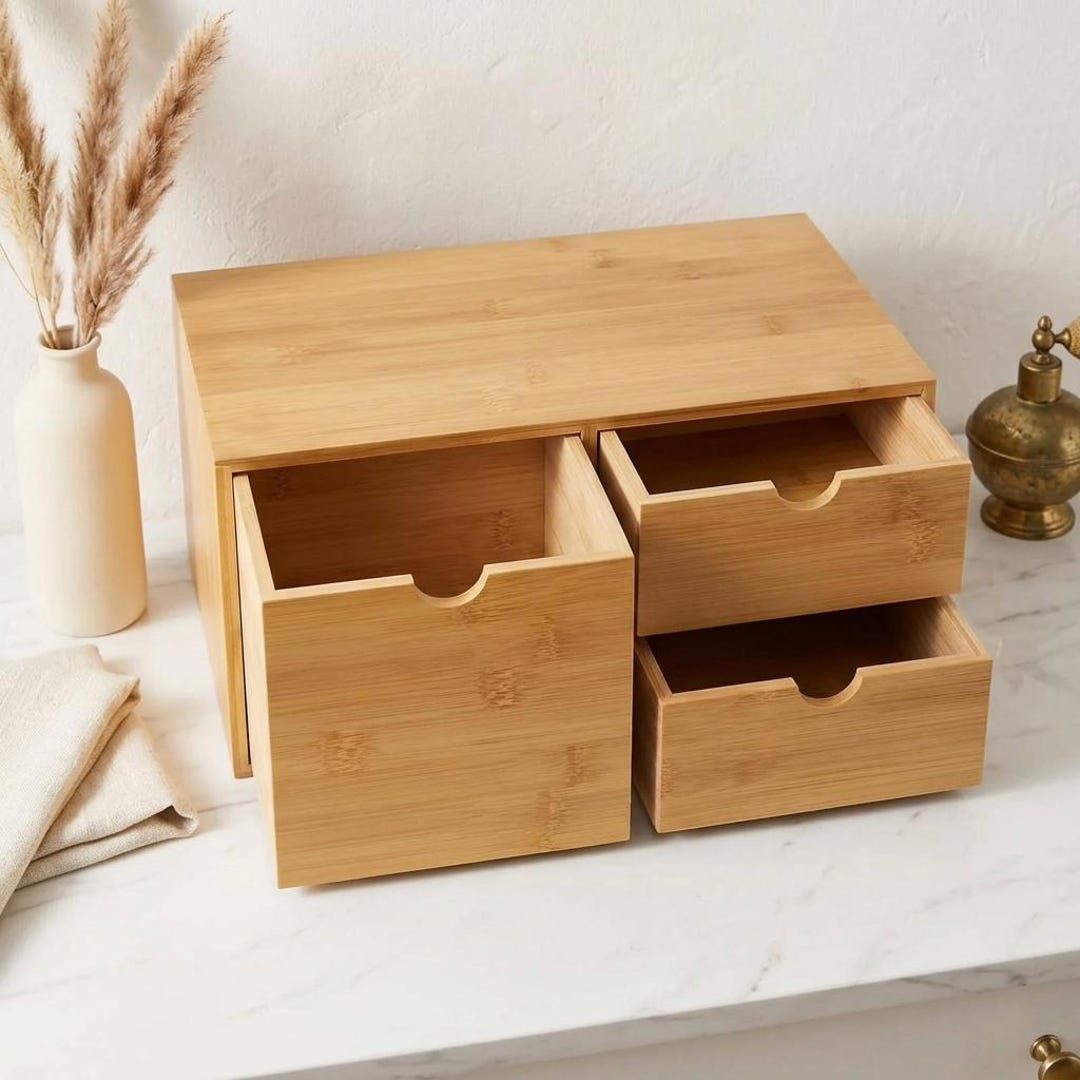 Bamboo Desk Organizer With 3 Drawers, Minimalist Wooden Desktop Storage ...