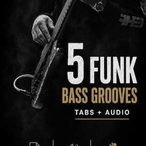 Może przedstawiać: Czarno-białe zdjęcie gitary basowej z tekstem "5 FUNK BASS GROOVES". Obraz zawiera również tekst "TABS + AUDIO" oraz ikony dla PDF, demo audio i treści przyjaznych dla początkujących.