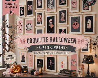 Conjunto de Arte de Parede Coquette para o Halloween – 25 Impressões de Fantasmas e Esqueletos Rosa para Quarto de Adolescente