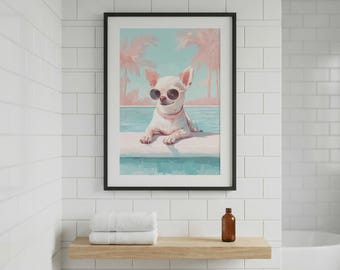 Arte de parede com Chihuahua à beira da piscina – Ilustração pictórica, estampa de cachorro com óculos de sol (Download digital)