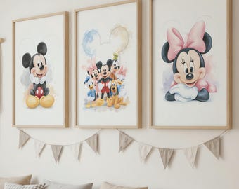 Conjunto de 3 pôsteres para quarto de bebê com Mickey e seus amigos, arte clássica de desenho animado do Mickey e da Minnie.