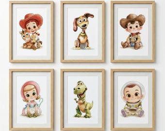Conjunto de 6 pôsteres decorativos de Toy Story para quarto infantil, com Woody e Buzz Lightyear.
