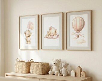 Teddy Bear Nursery Wall Art, Set of 3, Girl Room, Hot Air Balloon
