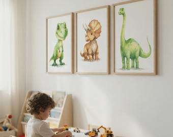 Conjunto de 3 pôsteres de dinossauros para quarto de bebê – Arte de parede para quarto de menino: T-Rex e Triceratops