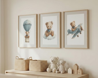 Conjunto de 3 pôsteres de ursinho de pelúcia para quarto de bebê – Decoração de parede para quarto de menino com balão e avião
