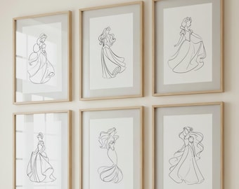 Conjunto de 6 pôsteres minimalistas das Princesas da Disney para decoração de parede.