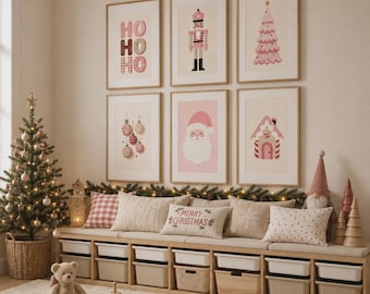 Conjunto de 6 peças de arte de parede natalina rosa, decoração de Natal para quarto de menina.