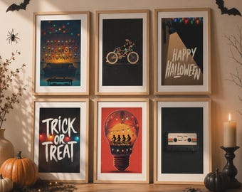 Arte de parede retrô de Halloween dos anos 80, conjunto de 6 impressões digitais, decoração de cassete de bicicleta.