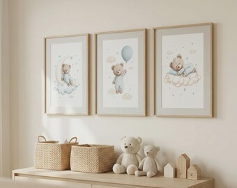 Conjunto de 3 pôsteres de ursinho de pelúcia para quarto de bebê – Arte de parede para quarto de menino com lua, nuvem e balão.